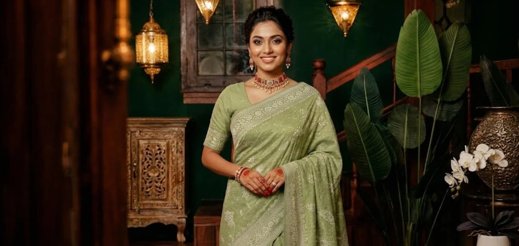 Vastranu model in a hand-loomed Bengal silk saree, photographed in a heritage interior